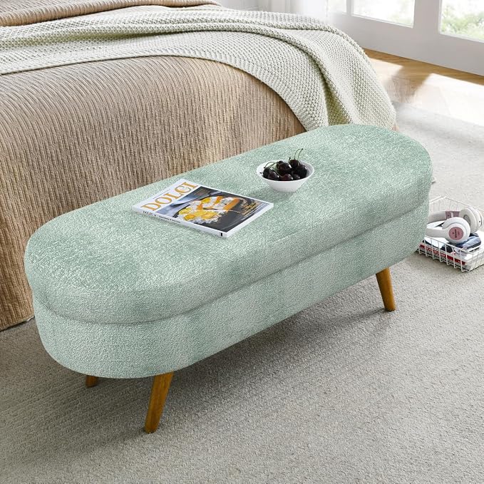 43.5" Ottoman with Storage, Storage Ottoman Bench with Safety Hinge, Foam End of Bed Bench, Upholstered Entryway Bench for Bedroom, Living Room & Window, Holds up to 330 lb, Cyan