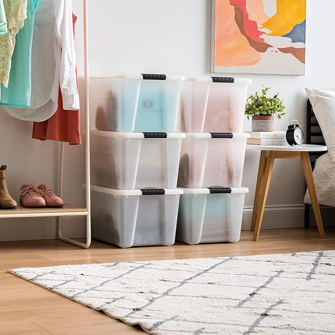 IRIS USA 6-Pack 40 Quart Storage Bins with Lids, Pearl | Conceals contents for a clean look. Perfect for moving, blankets, clothing, and garage storage. Nestable design saves space