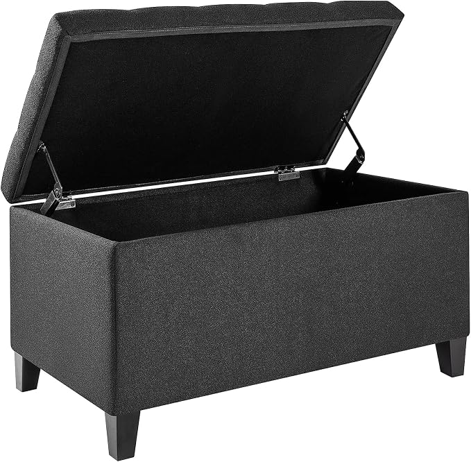 Storage Ottoman Bench, Tufted Fabric Upholstered End of Bed Bench with Safety Hinge Wooden Legs, for Entryway Bedroom (Cotton and Linen Black, 33.3")
