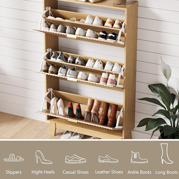 HUANLEGO Shoe Cabinet Storage for Entryway with 3 Flip Drawers, Fluted Narrow Shoe Organizer with Wooden Legs, Freestanding Slim Shoe Storage Hidden Shoe Rack Organizer for Front Door Entrance, Oak