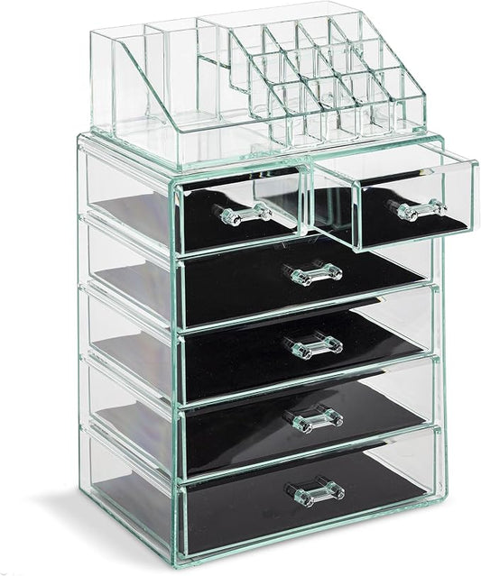 Sorbus Acrylic Makeup Organizer Set, 6-Drawer Vanity & Countertop Cosmetic Storage with Small & Wide Compartments, Teal Thrill Makeup Storage for Brushes, Jewelry – Holiday Gift for Women & Teens