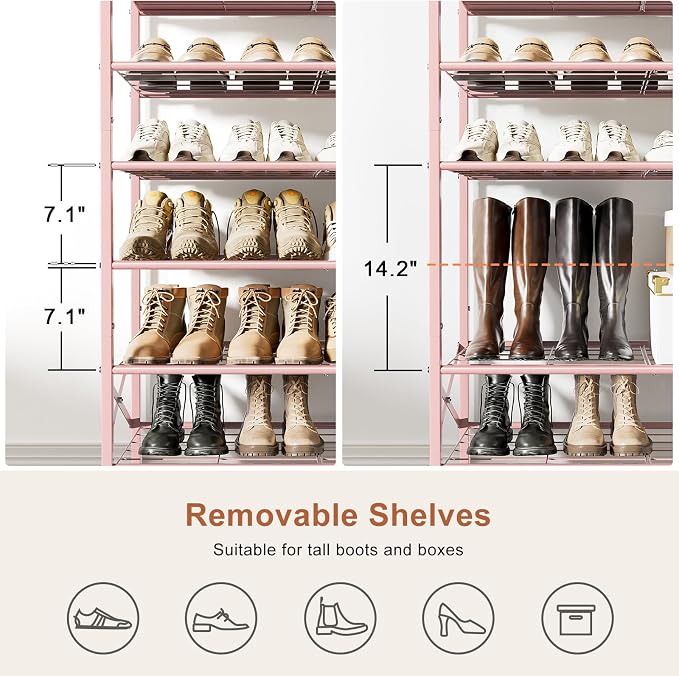 8 Tier Metal Shoe Rack with Wood Top, 24-32 Pairs Pink | 52in tall maximizes vertical space. 2 iron sheets for heels. Remove a layer for tall boots. Versatile for home.