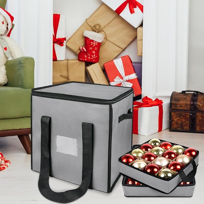 Christmas Ornament Storage Box with Dividers, Holds 64 Balls, Gray | 600D Oxford Fabric, Adjustable Dividers, Removable Trays, Dual Zippers, Reinforced Handles
