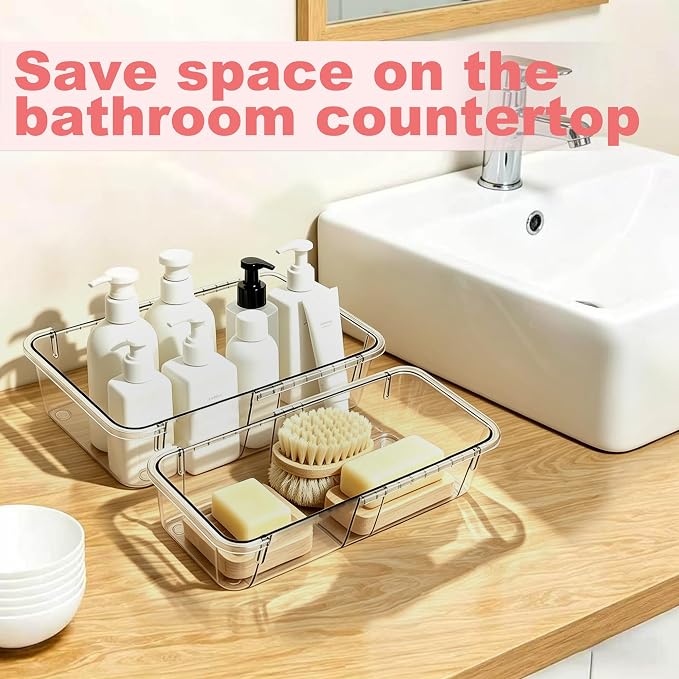 6 Pcs Expandable Clear Drawer Organizer, 2-Size Adjustable Boxes | 3-mm Extra Thick Acrylic Storage Bins for Vanity, Desk, Makeup, Cosmetics, Tool, Utensils & Bathroom Organization