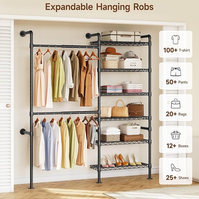 H2 Wall Mounted Clothing Rack, Expandable Industrial Pipe Clothes Rack Garment Racks for Hanging Clothes, Heavy Duty Closet Organizers and Storage in Closet System, Black