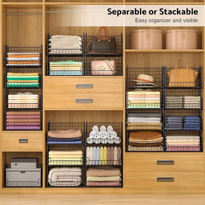 4-Tier Stackable Closet Organizers and Storage Basket - Foldable Closet Shelf Organizer System, Sturdy Metal Space-Saving Clothes Storage Bins for Wardrobe, Black