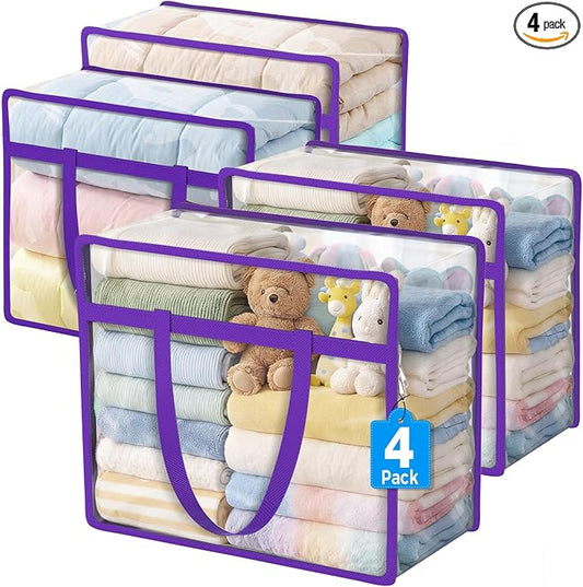 4 Pack Clear Storage Bags for Clothes, 40L Closet Organizers and Storage | Plastic storage with zipper and handle, moving bags, under-bed storage, closet organizer for blankets, comforters, toys