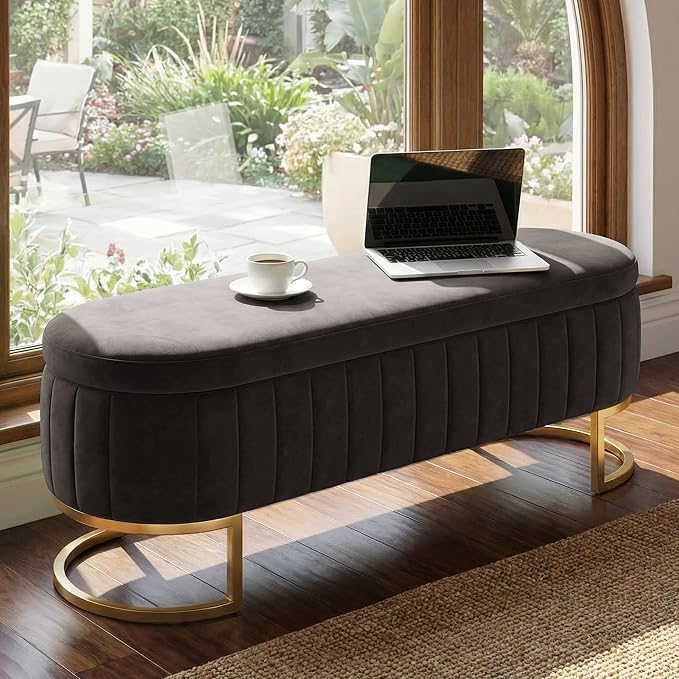 51" Velvet Storage Ottoman Bench End of Bed for Bedroom Entryway Dark Grey
