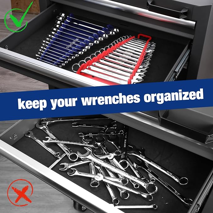 WORKPRO Magnetic Wrench Organizer, 15-Slot Gripper Wrench Holder | 2-Pack Wrench Rack for Tool Box, Fits SAE (1/4" to 1-1/16") and Metric (6mm to 27mm), Flexible Grips, Blue and Red