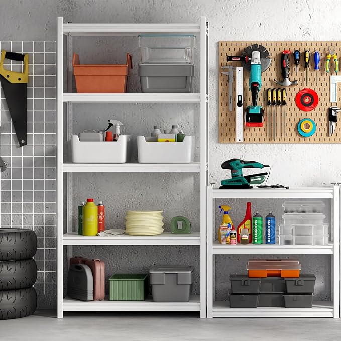 5 Tier Metal Storage Shelves Adjustable Garage Shelving, Heavy Duty Industrial Utility Rack Organization for Kitchen, Pantry, Closet, Garage, Office (White)