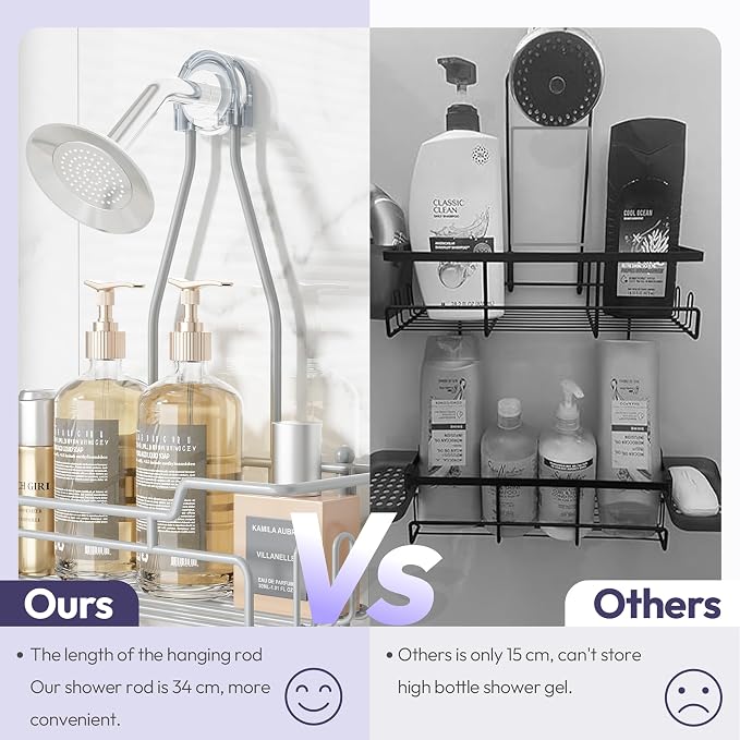 SWTYMIKI Bathroom Shower Caddy Hanging - 3 Tier Rustproof Over Shower Head Organizer, No Drilling Bathroom Shelf with 16 Hooks & Soap Holder, Anti-Swing Rack for Shampoo,Sponge,Towel, Silver, Medium