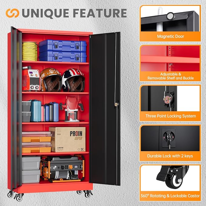 Garage Cabinet with Wheels and Adjustable Shelves, Metal Garage Storage Cabinets with 2 Doors, Storage Caninet with Lock, Heavy Duty Tool Cabnet for Workshop/Home/Office-(Black Red 75”H)