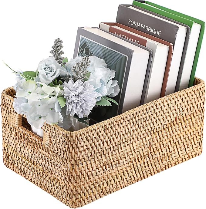 Hipiwe Woven Rattan Basket Natural Wicker Storage Basket Box with Handles | Rectangular Open Storage Bin for Shelf Bathroom Living Room Kitchen, 13" x 8.7" x 5.9"