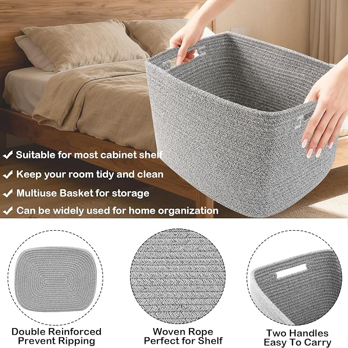 3 Pack Woven Baskets,Storage Baskets for Shelves with Handles | 13.5"×11"×9.5", Closet Baskets, Nursery Organizer for Toys Towels Books, Storage Bin for Living Room Bedroom (Mixed Grey)