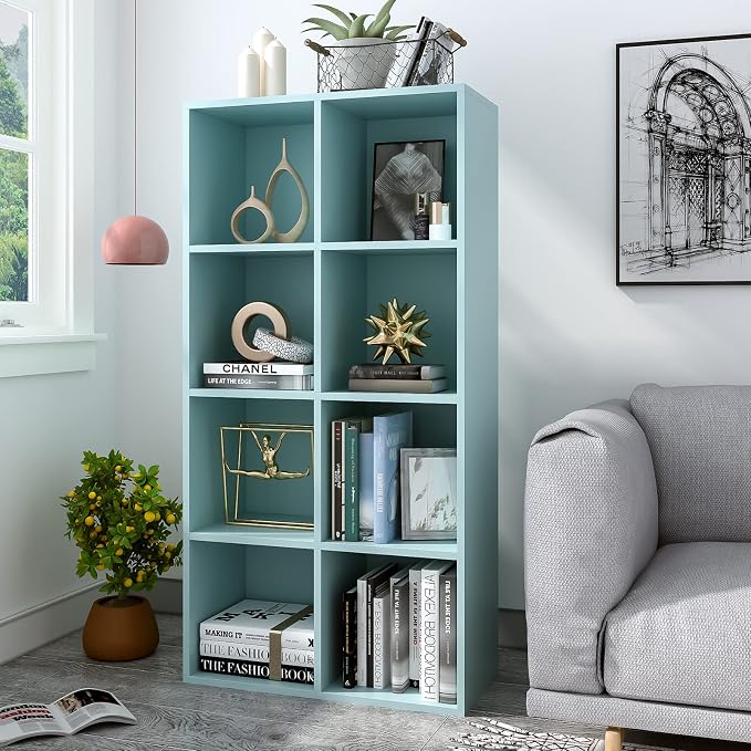 OSCHF 8-Cube Storage Shelf Bookcase, Light Blue | Wooden 4-Tier Open Bookshelf, Fits 11×11" Bins, Vertical or Horizontal Use, Full Back Panels, For Home Office