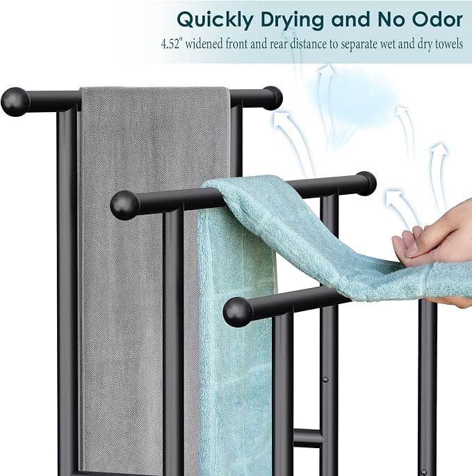 Kayfia 40'' Freestanding 3 Tier Alloy Steel Towel Rack with Storage Basket | Dual-Use Drying & Display Rack, Holds Oversized Bath Towels & Blankets, Fits Bathroom, Tub, Shower, Poolside, Black