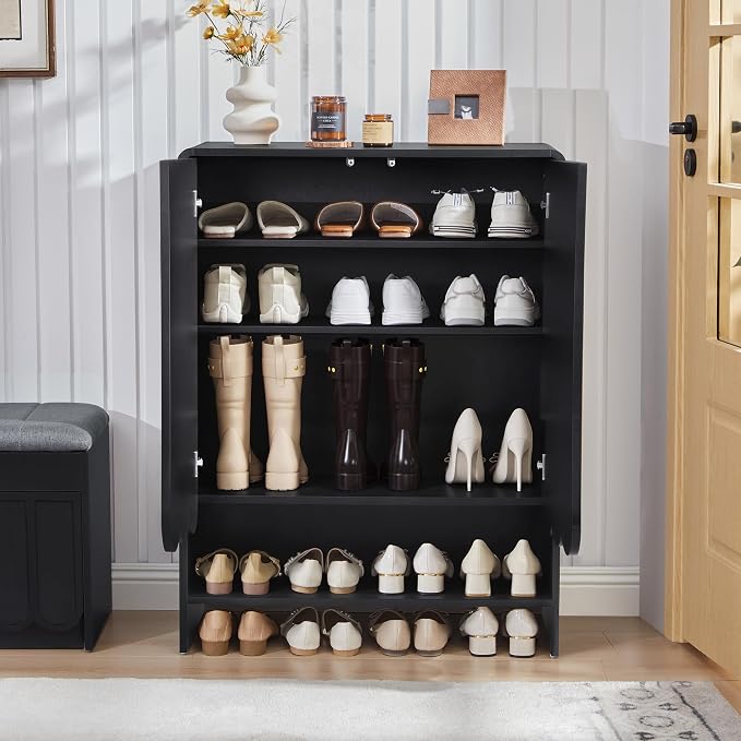 Shoe Storage Cabinet with Scalloped Doors, 5-Tier Wooden Shoe Cabinet with Adjustable Shelves, Shoes Rack Storage Organizer for Entryway, Hallway, Living Room, Black