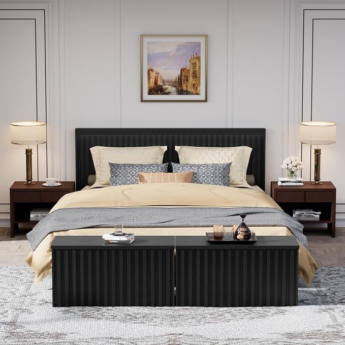 Black Storage Bench Set of 2, 39.4" Fluted Wood Storage Trunk with 2 Safety Hinges, Sturdy Storage Chest, Storage Bench for Bedroom,Entryway, Living Room
