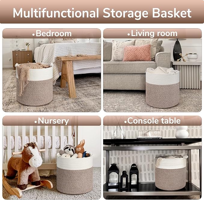 Goodpick Jute Woven Basket for Blankets Clothes Organizing，Cotton Rope, 40L | Soft Blanket & Laundry Basket with Handles, Baby Toy Storage Basket for Living Room, Playroom, Nursery, Brown
