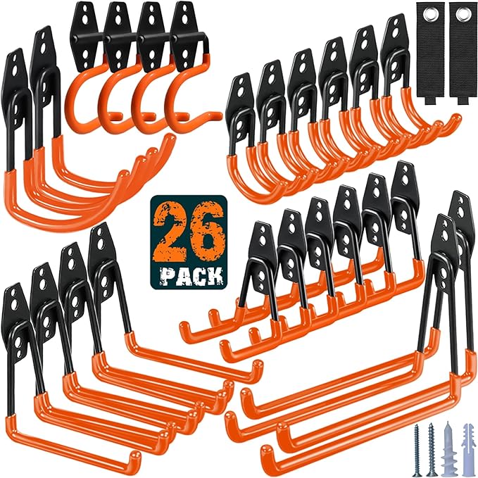 HUPBIPY 26 Pack Garage Hooks Heavy Duty, Wall Mount Ladder Hooks | Storage Organizer With a non-slip coating for Hanging Bicycles Garden Tools Ladders Hoses Ropes and Loose Items(Orange)