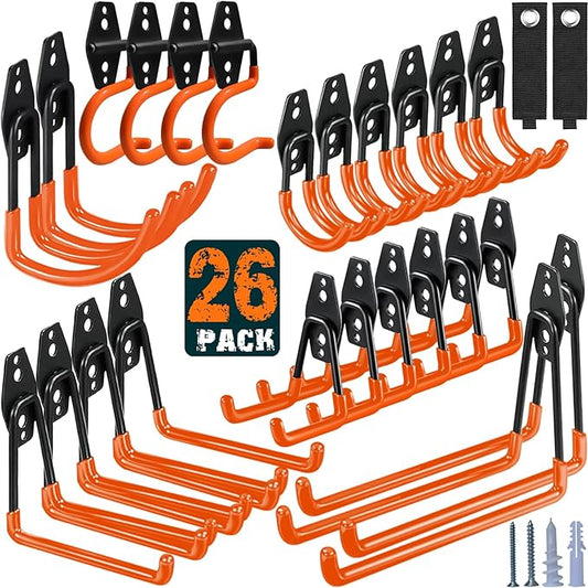 HUPBIPY 26 Pack Garage Hooks Heavy Duty, Wall Mount Ladder Hooks | Storage Organizer With a non-slip coating for Hanging Bicycles Garden Tools Ladders Hoses Ropes and Loose Items(Orange)