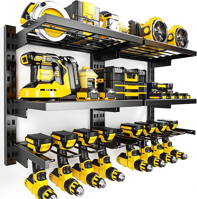 POKIPO Large Modular Power Tool Organizer Wall Mount With 6 Adjustable Shelf, Heavy Duty Iron Tool Storage Rack Loads 300lbs with 8 Cordless Tools Drill Holder,Battery Utility Rack for Garage Workshop