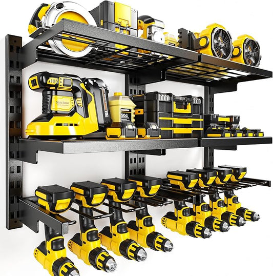 POKIPO Large Modular Power Tool Organizer Wall Mount With 6 Adjustable Shelf, Heavy Duty Iron Tool Storage Rack Loads 300lbs with 8 Cordless Tools Drill Holder,Battery Utility Rack for Garage Workshop
