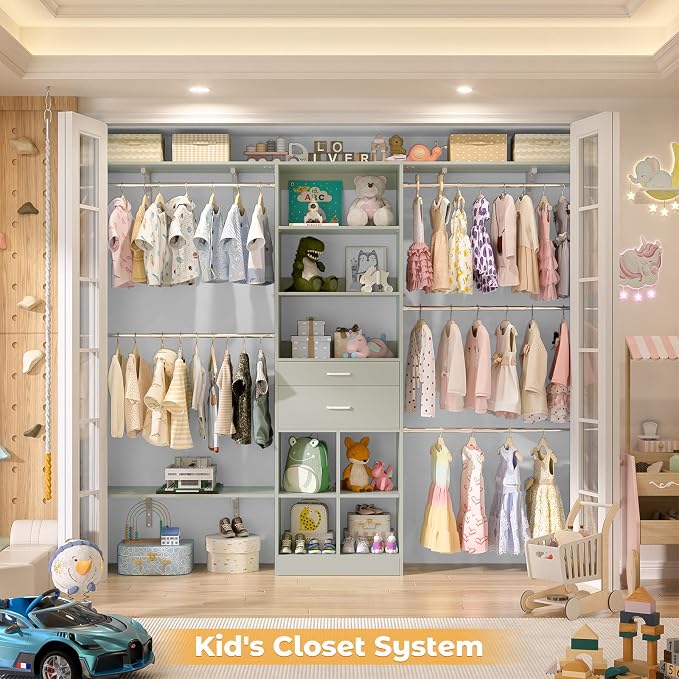 Besiost Closet System - 8FT Closet Organizer System with Wooden Drawers, 96" Closet Systems for Walk-In Closets with Cuttable Hanging Shelving, Green
