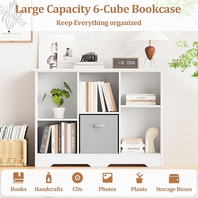 6 Cube Storage Organizer Shelf, Wood Cubby Storage with 3 Fabric Drawers | 2 Tier Wooden Bookshelf with 2 Adjustable Shelves, Fluted Side Panels Bookcase for Bedroom, Living Room, Home Office, White