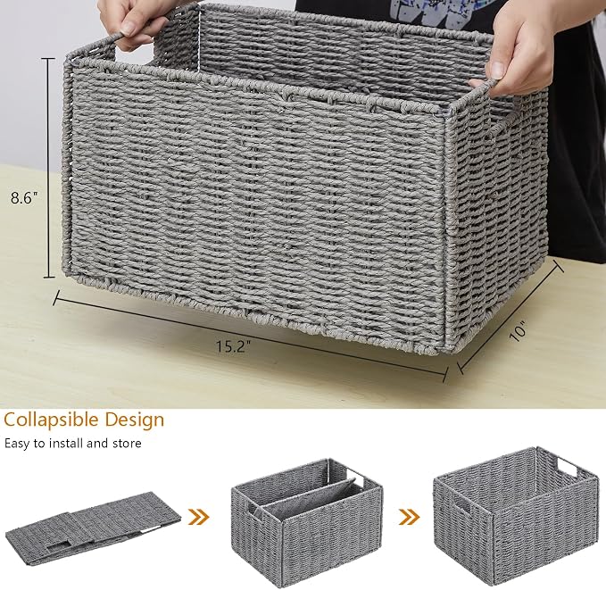 Vagusicc Wicker Storage Basket, Set of 2 Hand-Woven Paper Rope Wicker Basket, Small Storage Baskets for Organizing Toilet Paper Basket, Foldable Large Cube Storage Organizer Bins for Shelves (Grey)