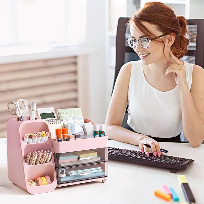 HBlife Desk Organizer with Pen Pencil Holder for Desk, Pen Organizer with 2 Drawers, Desk Organizers and Accessories with 4 Compartments, Desktop Storage for Office Home School Art Supplies, Pink