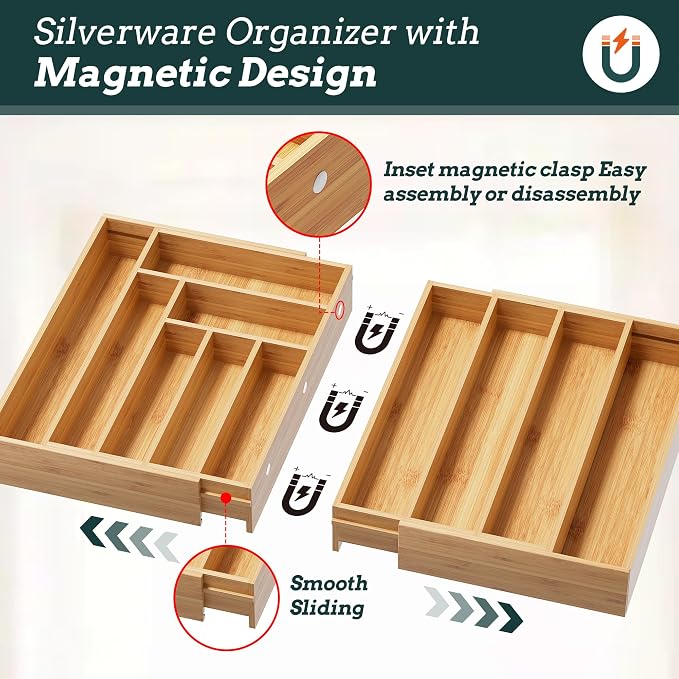 Silverware Organizer Large, Magnetic Connected Expandable 11 Slots Silverware Drawer Organizer From 21 to 37.4 Inches, Adjustable Flatware and Cutlery Holder, Bamboo Utensil Tray for Kitchen Natural