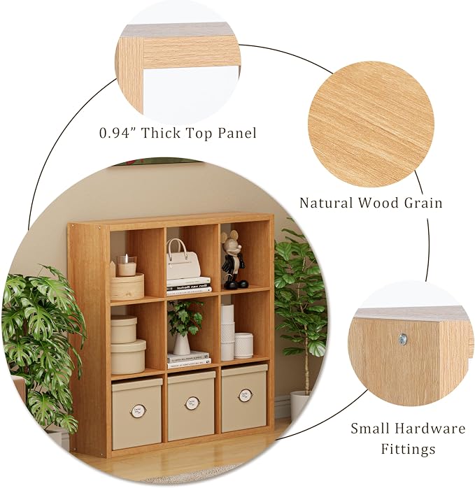VDNEND Cube Storage Organizer Bookcase, Decorative 11 inch Open Back Cubical Shelf with Thickened Border, Display Bookshelf for Living Room, Home Office, Sturdy Room (Natural Oak, 9 Cube)