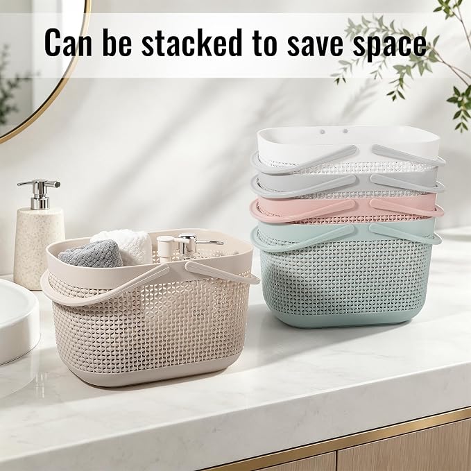 Plastic Portable Shower Caddy Basket, Storage Organizer with Handle, Beige | Bottom Drain Holes, Keep Dry, Sturdy and Durable, Easy to Carry for Bathroom, Kitchen, Dorm Room, RV, College