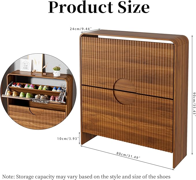 Slim Shoe Storage Cabinet for Entryway, Narrow Shoe Cabinet with 2 Tier Flip Drawers Doors, Fluted Hidden Shoe Rack Organizer for Entrance, Entry Way, Foyer, Hallway, Walnut