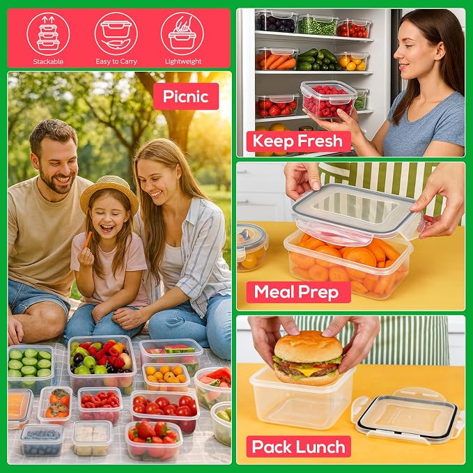 62PCS Thick Food Storage Containers with Airtight Lids for Meal Prep | BPA-Free Plastic Food Container Set for Leftovers, Snacks, Lunch, Fruit, Freezer Storage & Kitchen Organization, Leakproof