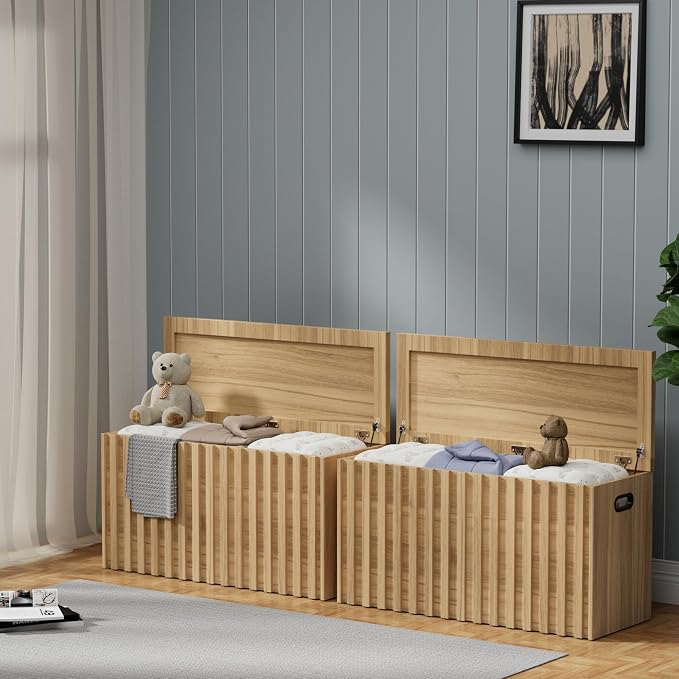 Storage Bench Set of 2, 39.4" Wood Box, Storage Trunk with 2 Safety Hinges, Ottoman Storage Chest Set of 2, Fluted Storage Bench for Bedroom, Shoe Bench for Bedroom, Living Room (Natural Wood)