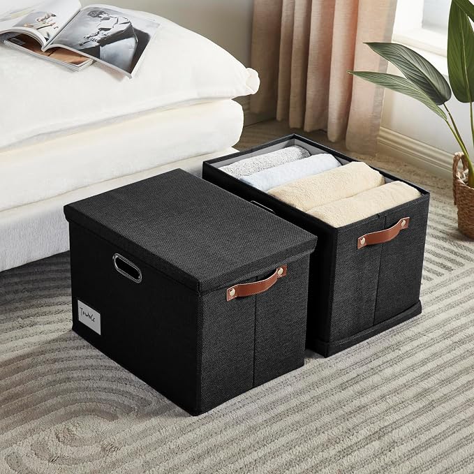 15" Large Collapsible Storage Bins with Lids, Stackable Closet Organizers with PU Handle and Labels, 3-Pack Decorative Fabric Storage Boxes for Home, Bedroom, Closet, Office, Nursery(Black)