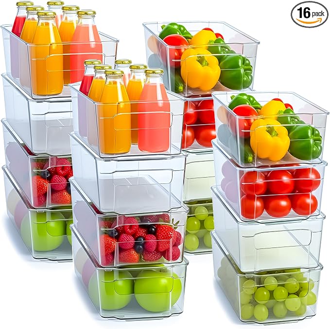 Utopia Home - Fridge & Refrigerator Organizer Bins (8 Pack), Clear Stackable Durable Plastic Storage Containers with Easy Grip Handles for Pantry, Kitchen Cabinets & Countertops (16)