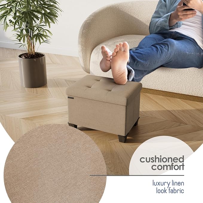Storage Ottoman Cube with Small Bin, 16-in Square Ottoman with Storage for Living Room and Bedroom, Small Ottomans Foot Rest, Fabric Foot Stools Ottomans Max 330lbs, Taupe