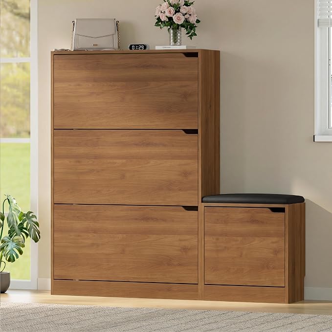 BORNOON Shoe Cabinet with Bench and 3 Flip Drawers, Slim Narrow Shoe Storage Cabinet, Freestanding Shoe Rack Organizer with Adjustable & Removable Shelves, Anti-Tip for Entryway, Hallway, Foyer