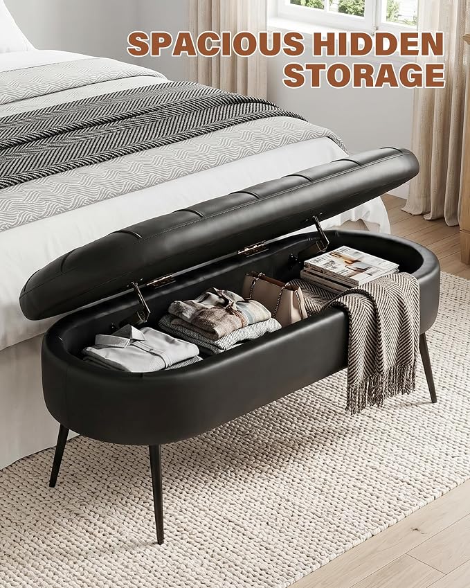 Storage Ottoman Bench, 43.7" PU Leather End of Bed Bench Black | Bench with Large Hidden Storage, Tufted Upholstered Seat, Metal Legs, Mid-Century Modern, For Bedroom, Entryway, Living Room