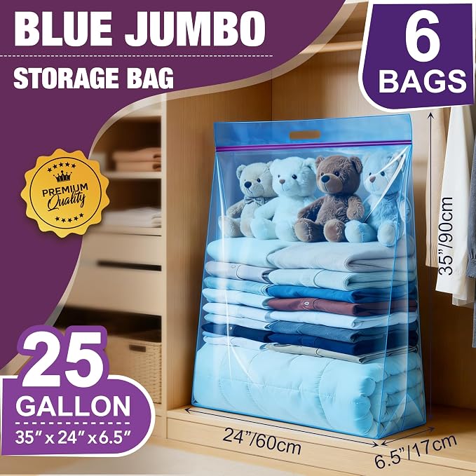 GOONIK 25 Gallon Jumbo Storage Bags with Zipper and Handle for Clothes Pillow Travel Moving, Extra Large, 35” x 24”, Blue, Pack of 6