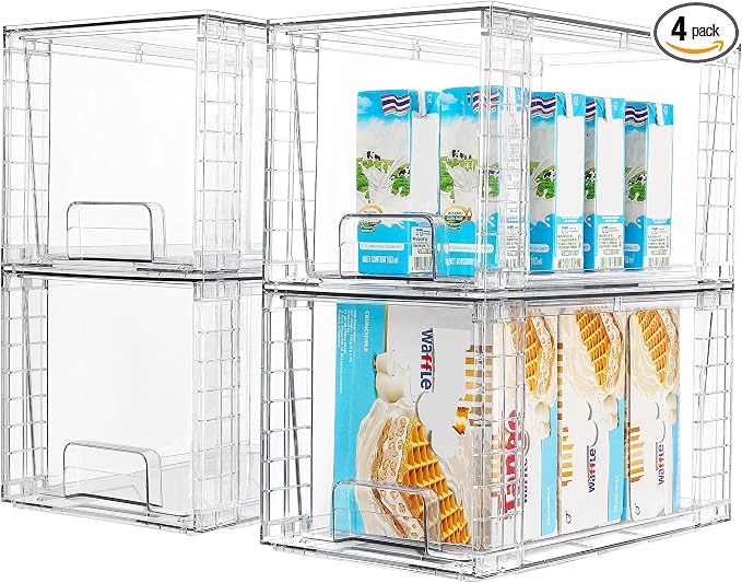 Vtopmart 4Pack Large Stackable Pantry Storage Drawers, Clear Organizer Bins with Handles, Acrylic Drawer Organizers for Kitchen, Pantry, Bathroom Undersink, Cabinet Organization and Storage