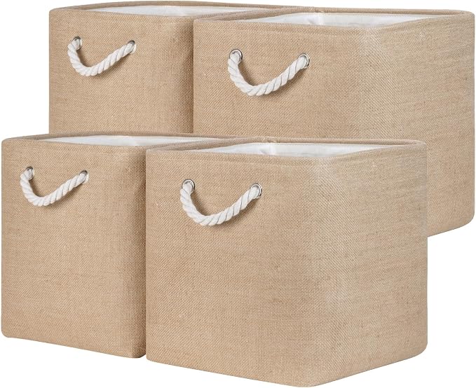 Temary Storage Baskets for Shelves 13 Inch Baskets for Gifts Empty, 4 Pack Shelf Baskets Decorative Storage Baskets Cube Collapsible Storage Bins Cubes with Handles for Storage (Linen Yellow)