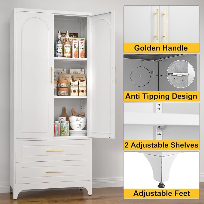 SteeLoong 75" Kitchen Pantry Cabinet, Metal Storage Cabinet with 2 Drawers | White Pantry Cabinets for Kitchen Storage with 2 Adjustable Shelves,Tall Freestanding Cupboard for Living Room,Kitchen,Garage