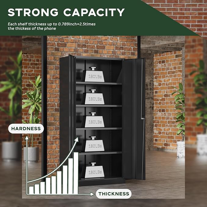 Greenvelly Metal Garage Storage Cabinet, 72” Lockable Storage Cabinet with Adjustable Shelves, Steel Tool Cabinets, Black Metal File Cabinet for Home Office, Garage, School, Classroom(36" W x 18" D)