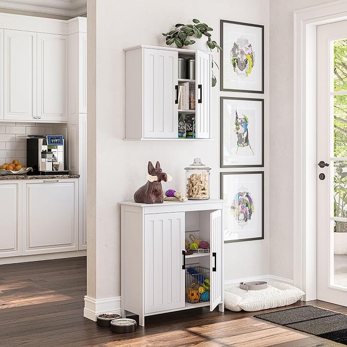 RiverRidge Monroe Two-Door Bathroom Floor Storage Cabinet - White | Linen Cabinet with Adjustable Interior Shelf and Soft Close Hinges, Matte Black Handles