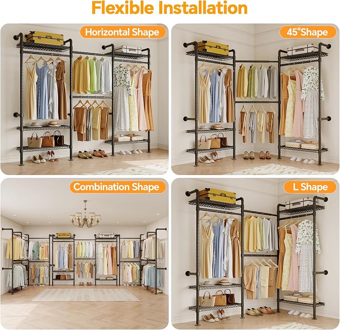 Higeego W3 Wall Mounted Clothes Rack, Industrial Pipe Clothing Rack, Black | Closet Rack Wall Mounted, Expandable Hanger Rods, Adjustable Closet Shelving, Heavy Duty Clothes Rack, Closet Organizer