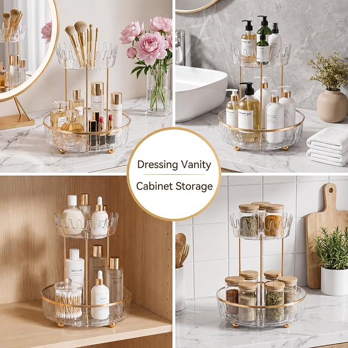 2 Tier Rotating Makeup Organizer for Vanity, Clear Bathroom Counter Organizer, Skincare Organizer and Perfume Organizer, Countertop Cosmetic Storage for Cabinet, Pantry and Kitchen (Clear)